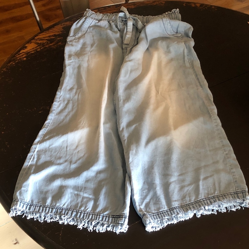 Zenana Outfitters Light Blue Wide-Leg Drawstring Lyocell Pants with Frayed Hem